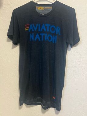 Aviator Nation Charcoal Tee Tri-Blend Small Vintage Blue Logo Rainbow Stripes